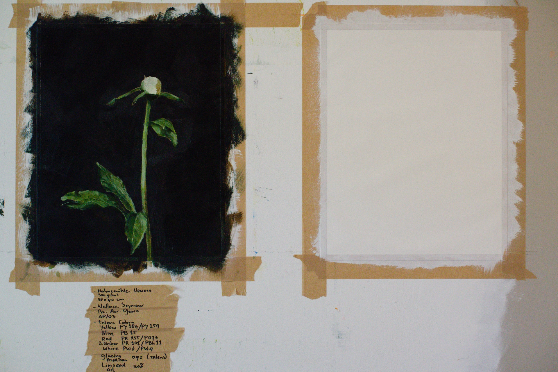 As my oil painting dries slow, and I want to paint, I started a new canvas (paper and gesso) on the right side.