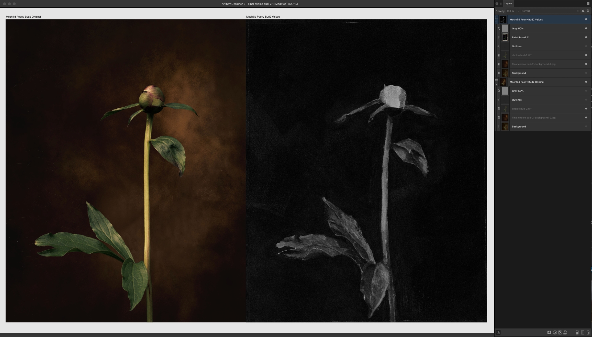 Compare a colour photo with the photo of the initial painting layer(s) and where a grey layer is added in the computer, set to "Saturation". This to compare the values, the lightness, and darkness.