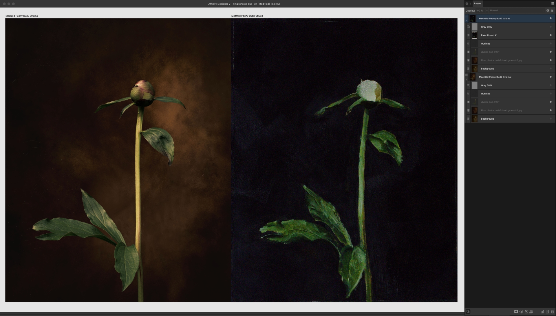 Compare a colour photo with the initial painting layer(s).