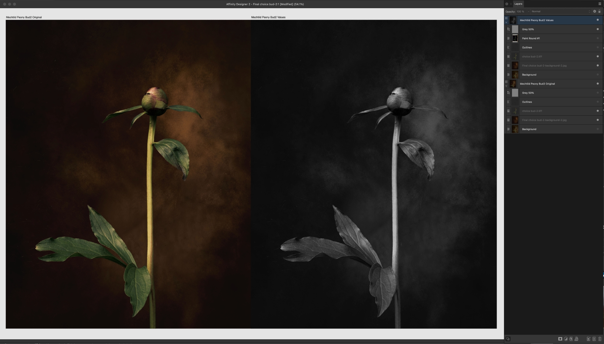 Compare a colour photo with the same photo where a grey layer is added, set to "Saturation". This to compare the values, the lightness, and darkness.